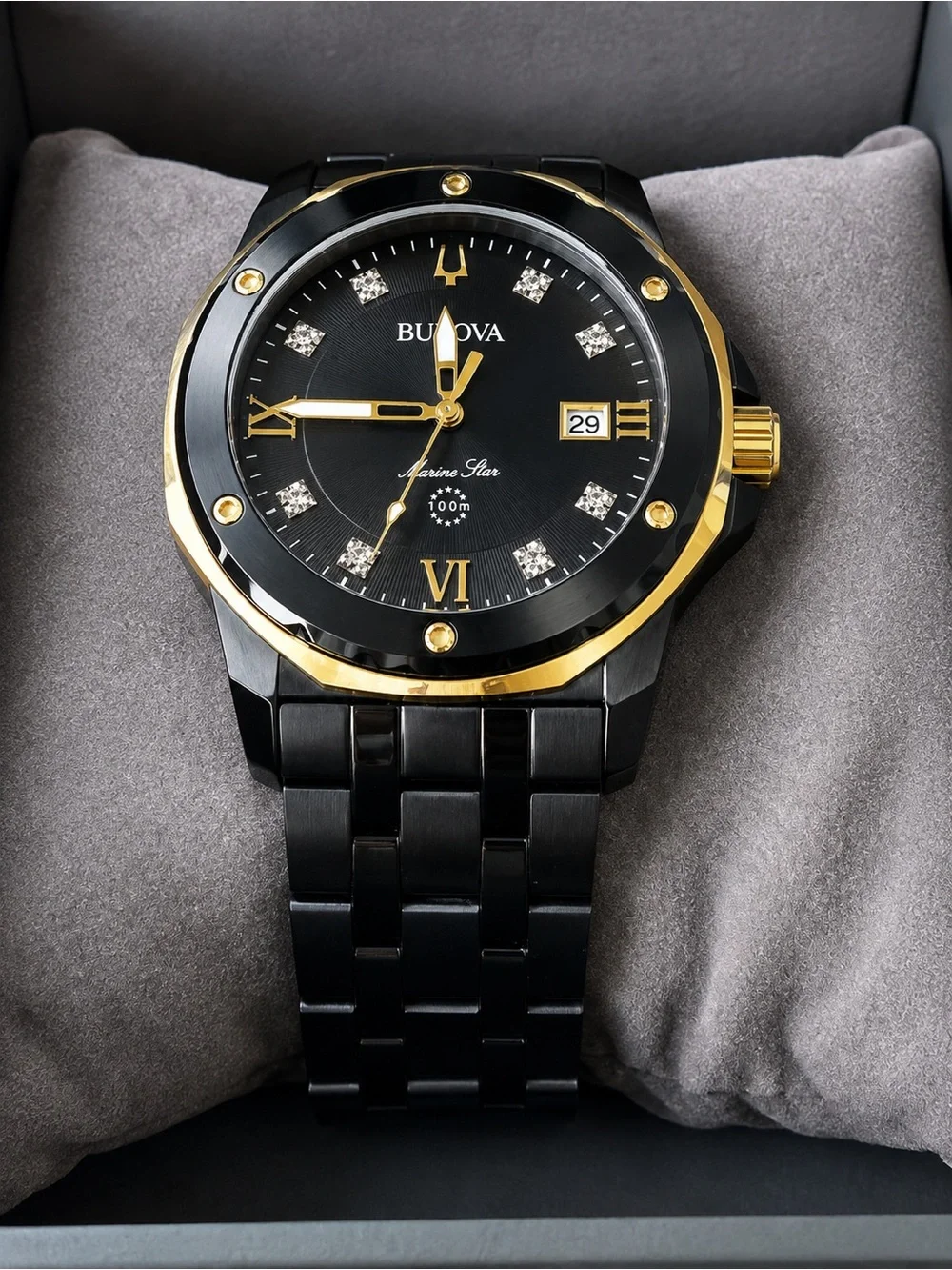 Bulova Black and Gold Ceramic Dress Watch with Crystal Accents